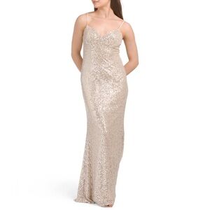 IEENA MAC DUGGAL GATHERED BUST SEQUINED SLEEVELESS COLUMN GOWN NUDE SILVER MAXI